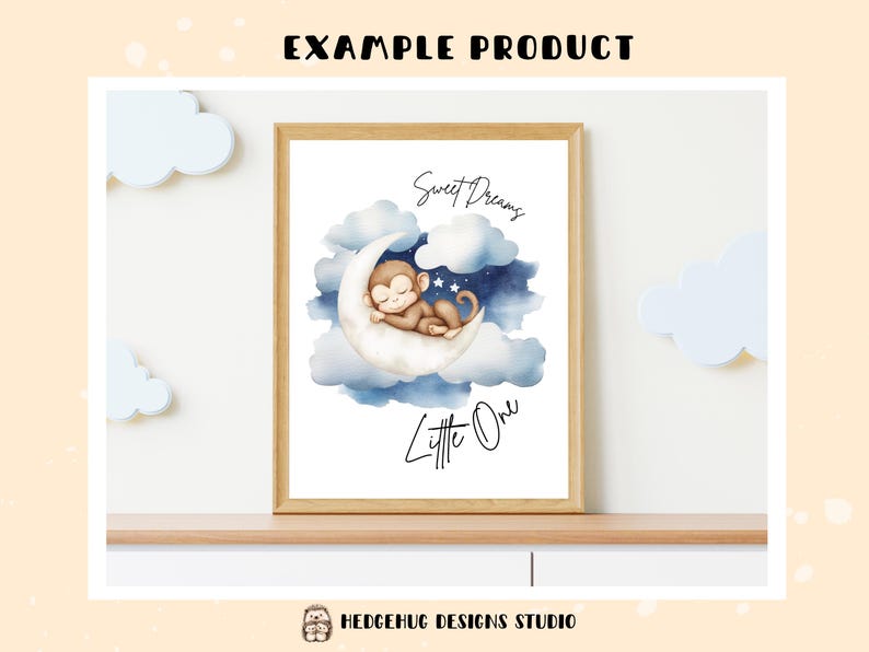 May include: A watercolor print featuring a cute monkey sleeping on a crescent moon with clouds and stars. The text "Sweet Dreams Little One" is written in cursive.