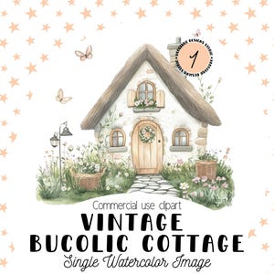 Clipart aquarelle vintage cottage bucolique, maison de campagne confortable PNG, illustration de maison pastorale rustique, art cottagecore, usage Commercial