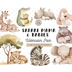 Mãe e bebê animais de safári, clipart fofo de aquarela para o dia das mães, animal da selva mãe e bebês PNG, clipart de chá de bebê de berçário neutro