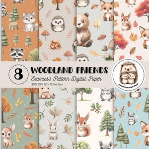 May include: Set of 8 digital paper patterns featuring woodland animals, including a raccoon, fox, bear, squirrel, deer, rabbit, hedgehog, and a squirrel. The patterns are in a variety of colours, including brown, green, blue, and orange. The patterns are seamless and can be used for a variety of projects, such as scrapbooking, card making, and fabric design.