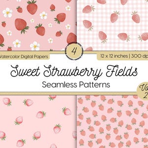 Cute Strawberry Seamless Patterns, Watercolor Strawberry Digital Papers, Pale Pink Berry Gingham Scrapbook Backgrounds, Commercial Use