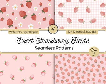 Cute Strawberry Seamless Patterns, Watercolor Strawberry Digital Papers, Pale Pink Berry Gingham Scrapbook Backgrounds, Commercial Use