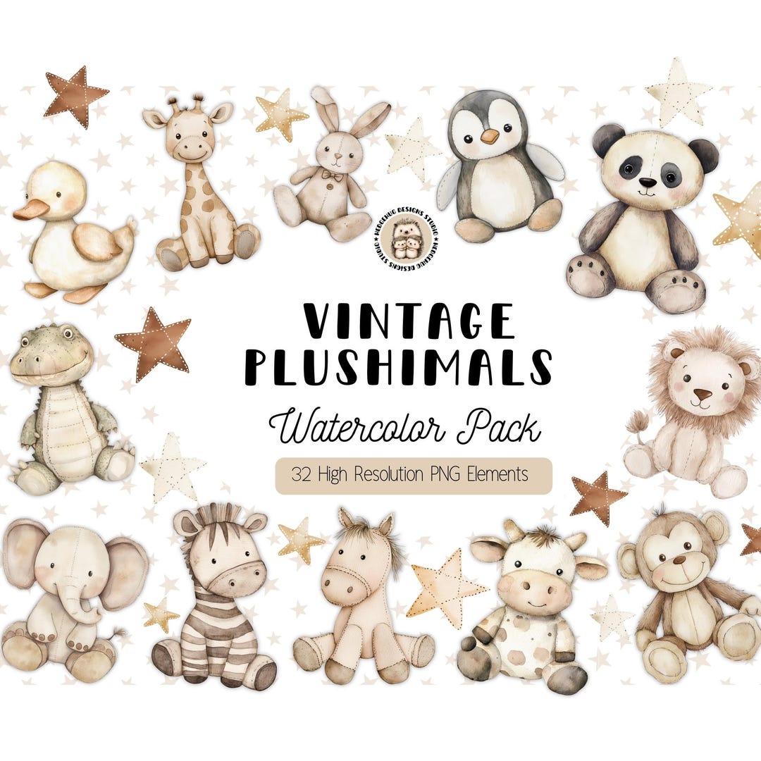 Watercolor Vintage Plush Animals Clipart, Neutral Nursery Animal PNG ...