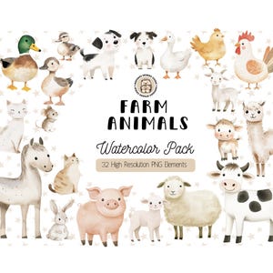 Imágenes prediseñadas de animales de granja en acuarela, vaca linda, ganso lindo, PNG de animales de granja, decoración de guardería de granja, ilustraciones de animales bebés lindos, descarga digital