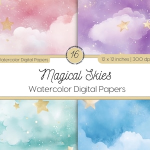 Dromerige luchten aquarel digitaal papier, magische lucht achtergronden met wolken en sterren, betoverend hemels plakboekpapier, commercieel gebruik