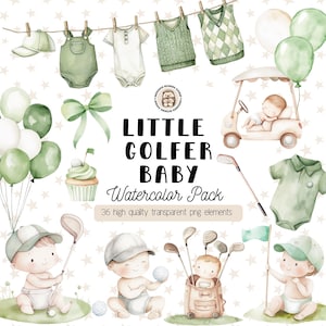 Puede incluir: Ilustración en acuarela con temática de golf para bebés. Incluye ropa de bebé, palos de golf, pelotas de golf, un carrito de golf, globos y bebés golfistas. El texto dice "LITTLE GOLFER BABY Watercolor Pack".