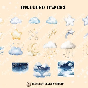 May include: A set of watercolor illustrations featuring clouds, stars, and a crescent moon. The illustrations are in shades of blue, yellow, and white, and are perfect for adding a touch of whimsy to any project.