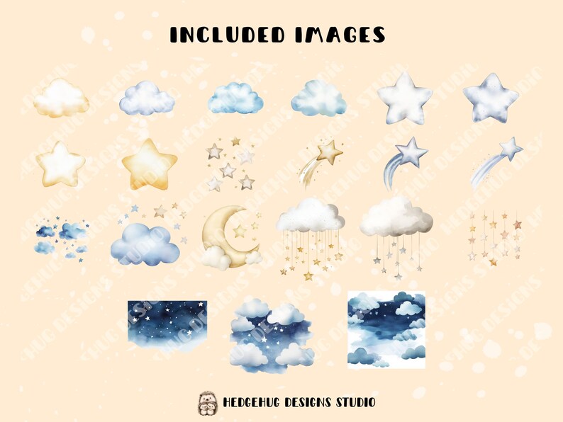 May include: A set of watercolor illustrations featuring clouds, stars, and a crescent moon. The illustrations are in shades of blue, yellow, and white, and are perfect for adding a touch of whimsy to any project.