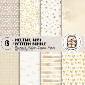 Neutral Baby Digital Paper Bundle | 8 beżowych bezszwowych wzorów | Tła do scrapbookingu dla dzieci | Zestaw clipartów neutralnych pod względem płci | Użytek komercyjny