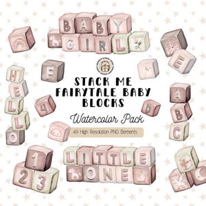 Puede incluir: Un conjunto de 49 bloques de bebé de acuarela en colores rosa y beige. Los bloques presentan letras y números, incluyendo las palabras "baby girl", "hello", "little one" y "stack me fairytale baby blocks".