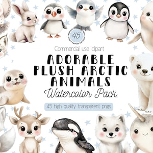Arctic Animals Watercolor Clipart Pack | Cute Plush Polar Wildlife Digital Art Bundle | Commercial Use Digital Download for Creators