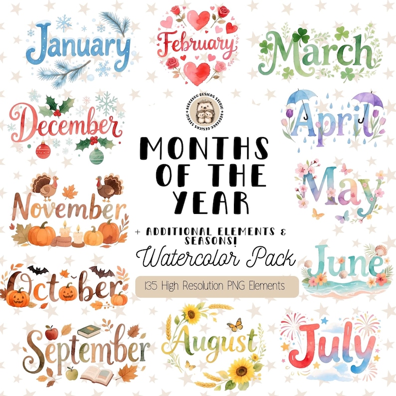 Months of the Year Clipart – Watercolor Seasonal PNG Set for Calendars ...
