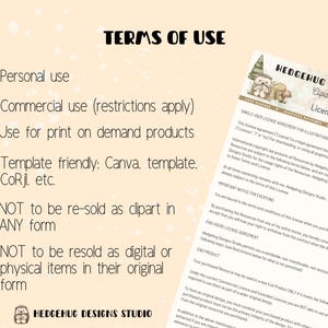 May include: Terms of use for digital clipart and illustrations.  The image shows a checklist of permitted uses, including personal and commercial use, and a list of prohibited uses, including reselling as clipart or digital items.  The text "Hedgehug Designs Studio" is at the bottom of the image.