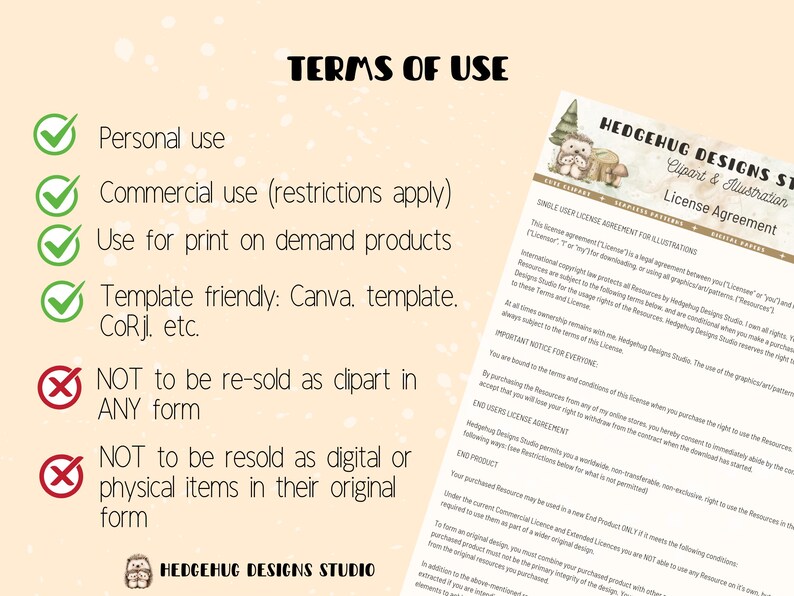 May include: Terms of use for digital clipart and illustrations.  The image shows a checklist of permitted uses, including personal and commercial use, and a list of prohibited uses, including reselling as clipart or digital items.  The text "Hedgehug Designs Studio" is at the bottom of the image.
