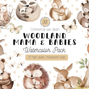 Woodland Mama & Babies Clipart de aquarela, PNGs fofos de animais da floresta, Mãe e bebê criaturas da floresta, download digital de uso comercial