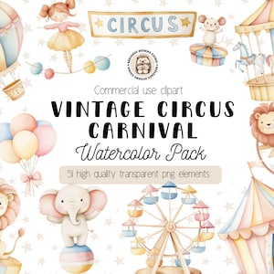 Clipart de acuarela de carnaval de circo vintage, lindos animales de circo PNG, arte de carnaval para guardería, ilustraciones extravagantes de ferias