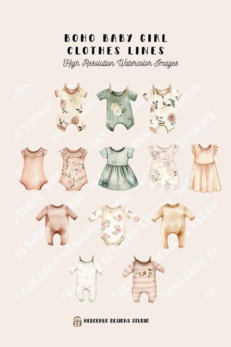 Boho Baby Girl Clothes Line Clipart, Watercolor Newborn Baby Romper ...