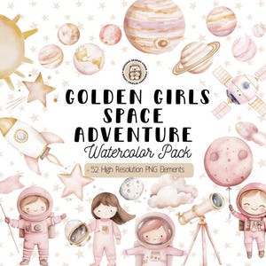 Clipart de astronautas lindas para niñas - Acuarela del espacio exterior PNG - Clipart de galaxia rosa - Cumpleaños de niñas - Planetas y cohetes espaciales - Uso comercial
