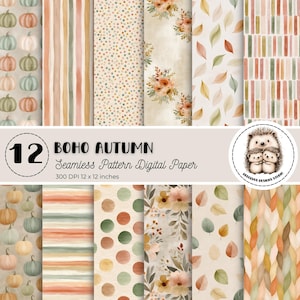 May include: A set of 12 "Boho Autumn" seamless digital paper designs. The patterns include pumpkins, stripes, polka dots, floral arrangements, and leaves. Each paper is 30.48 x 30.48 cm and 300 DPI. The designs feature warm autumn colours.