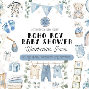 Clipart Boho Baby Boy Shower, Clip Art acquerello per bambini, Decorazioni per baby shower, PNG per cameretta per bambini blu, Uso commerciale, Inviti, Scrapbooking