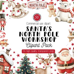 Puede incluir: Un paquete de clipart digital con 56 imágenes PNG transparentes de alta calidad del taller de Santa Claus en el Polo Norte. Las imágenes incluyen un hombre de jengibre, un caballo de balancín, un árbol de Navidad, un oso polar, un tren de juguete, un cascanueces, una casa, un reno y Santa Claus.