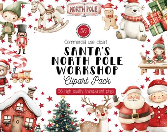 May include: A digital clipart pack featuring 56 high-quality transparent PNG images of Santa's North Pole workshop. The images include a gingerbread man, a rocking horse, a Christmas tree, a polar bear, a toy train, a nutcracker, a house, a reindeer, and Santa Claus.