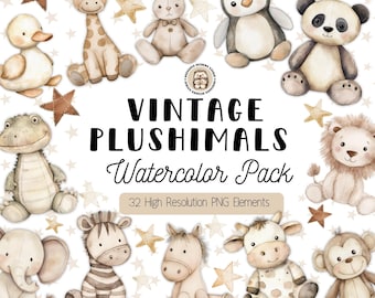 Watercolor Vintage Plush Animals Clipart, Neutral Beige Nursery Toys PNGs (Digital Download, Commercial Use)