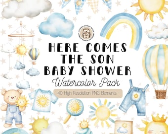 Here Comes the Son Baby Shower Clipart, Watercolor Baby Boy PNG, Cute Sun Baby Graphics, First Trip around the Sun Birthday (Commercial Use)