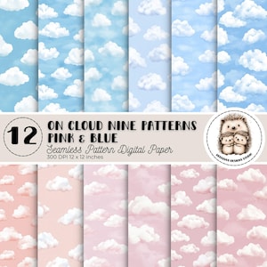 Könnte beinhalten: Digitales Papier-Set mit 12 Wolkenmustern in Rosa und Blau. Die Designs zeigen blaue Himmel mit weißen Wolken und rosa Hintergründe mit weißen Wolken. Der Text lautet "ON CLOUD NINE PATTERNS PINK & BLUE Seamless Pattern Digital Paper 300 DPI 30.48 x 30.48 cm."