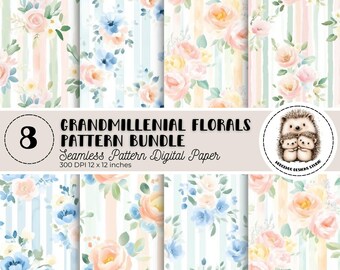 Grandmillennial Floral Watercolor Seamless Patterns, Vintage Pastel Flowers Backgrounds (Digital Paper)