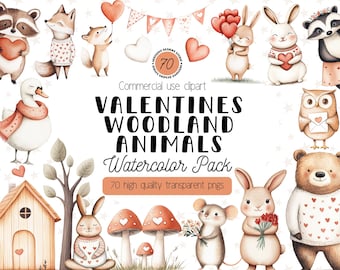 Valentines Woodland Animals Watercolor Clipart PNG | Forest Animal Digital Nursery Art | Animals in Love | Commercial Use Digital Download