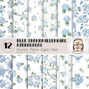 Puede incluir: Una colección de 12 papeles digitales sin costuras con patrones florales de hortensias azules. Los diseños incluyen varios arreglos de flores, con fondos a rayas y enrejados. Cada papel mide 30.48 cm x 30.48 cm.
