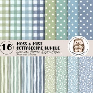 Papier numérique Cottagecore, vert sauge et mousse, bleus sombres, motifs floraux rayés vichy à pois, paquet de papier numérique à motif transparent