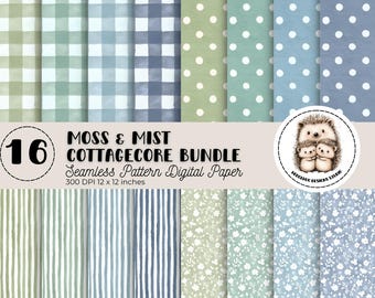 May include: A digital paper bundle featuring 16 seamless patterns in a cottagecore theme. The patterns include gingham, polka dots, stripes, and floral designs in shades of green, blue, and white. The image also includes the text "MOSS & MIST COTTAGECORE BUNDLE".
