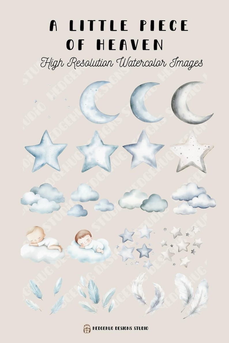 Watercolor Moon, Stars and Clouds Clipart: Neutral, Girl and Boy Baby ...