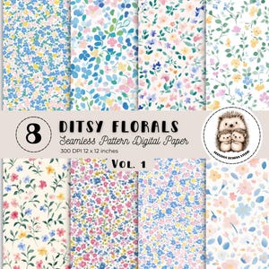 May include: A set of 8 digital papers featuring a ditsy floral pattern in various colors, including blue, pink, yellow, and green. The papers are 12 inches by 12 inches and 300 DPI. The title "Ditsy Florals Vol. 1" is displayed at the bottom of the image.