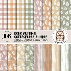 May include: A digital paper bundle with 16 seamless patterns in a boho autumn cottagecore style. Patterns include gingham, leaves, and stripes in orange, green, and beige. The paper is 30.48 cm x 30.48 cm at 300 DPI.