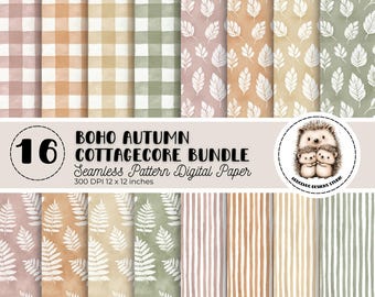 May include: A digital paper bundle featuring 16 seamless patterns with a boho autumn cottagecore theme. The patterns include gingham, leaves, and stripes in shades of orange, green, and beige. The paper is 12 x 12 inches at 300 DPI.