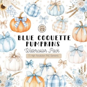 Op de afbeelding: Waterverfillustratie met pompoenen in verschillende tinten blauw, oranje en wit, versierd met strikken. De afbeelding bevat bloemaccenten en de tekst "Blue Coquette Pumpkins Watercolor Pack".