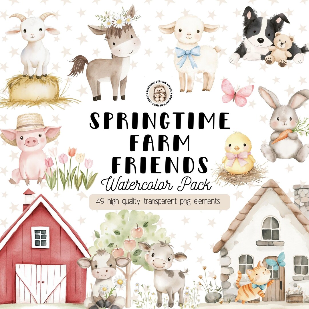 Farm Animals Watercolor Clipart, Cute Spring Baby Bunny, Lamb, Horse ...