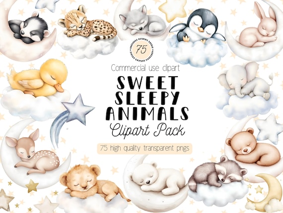 Sleeping Baby Animals Clipart, Neutral Nursery Watercolor, Moon, Stars and Clouds, Babt Shower (Digital Download, Commercial Use)