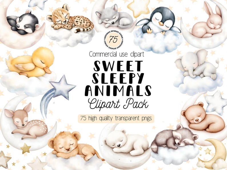 May include: A digital clipart pack featuring 75 high-quality transparent PNG images of cute animals sleeping on clouds and moons. The animals include a penguin, a deer, a lion, a bear, a raccoon, a duck, a wolf, a cheetah, an elephant, and a rabbit. The images are perfect for creating invitations, cards, scrapbook pages, and other craft projects.