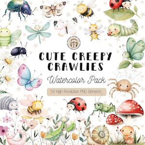 May include: Watercolor illustration pack titled "Cute Creepy Crawlies" featuring various insects and bugs, including butterflies, bees, ladybugs, and caterpillars. The image includes the text "59 High Resolution PNG Elements".
