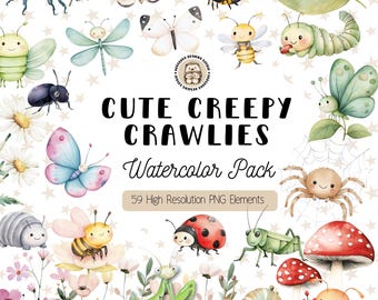 Watercolor Bugs Clipart Set, Nursery Garden Insects PNG (Digital Download)