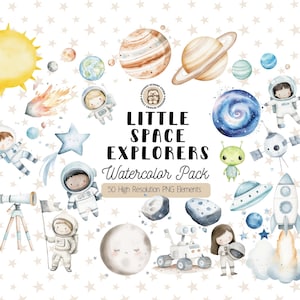 Outer Space Explorer Watercolor Clipart, Cute Astronauts PNG, Planets & Solar System Illustrations, Rocket, Galaxy, UFO Nursery Decor Art