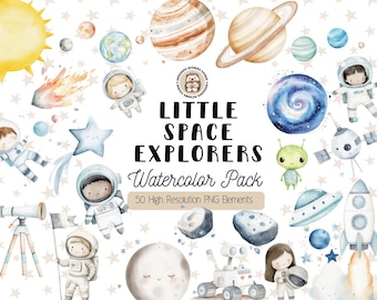 Watercolor Chilfren's Outer Space Clipart: Astronauts, Planets, Rockets Digital Download (Commercial Use)