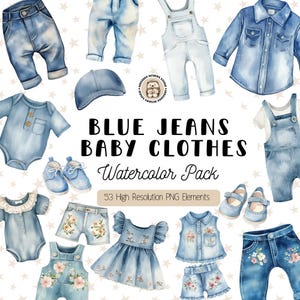 Blue Jeans Baby Clothes Clipart – Watercolor PNG Set for Nursery & Baby Shower Crafts