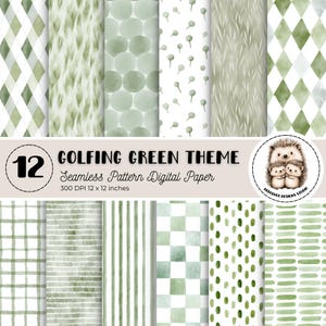 May include: A collection of 12 seamless digital papers with a golfing green theme. The patterns include watercolor designs of argyle, grass, circles, golf tees, and stripes. Each paper is 12 x 12 inches and 300 DPI. A hedgehog logo is in the corner.