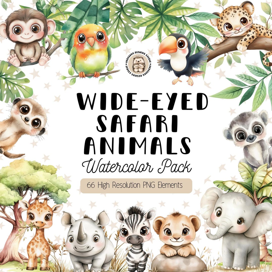 Safari Animal Clipart – Cute Big Eyed Jungle Watercolor PNG Set for ...