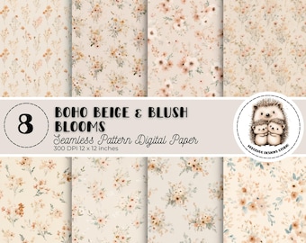 Vintage Floral Digital Paper – Boho Beige Seamless Patterns, Scrapbook Backgrounds (Digital Download, Commercial Use)